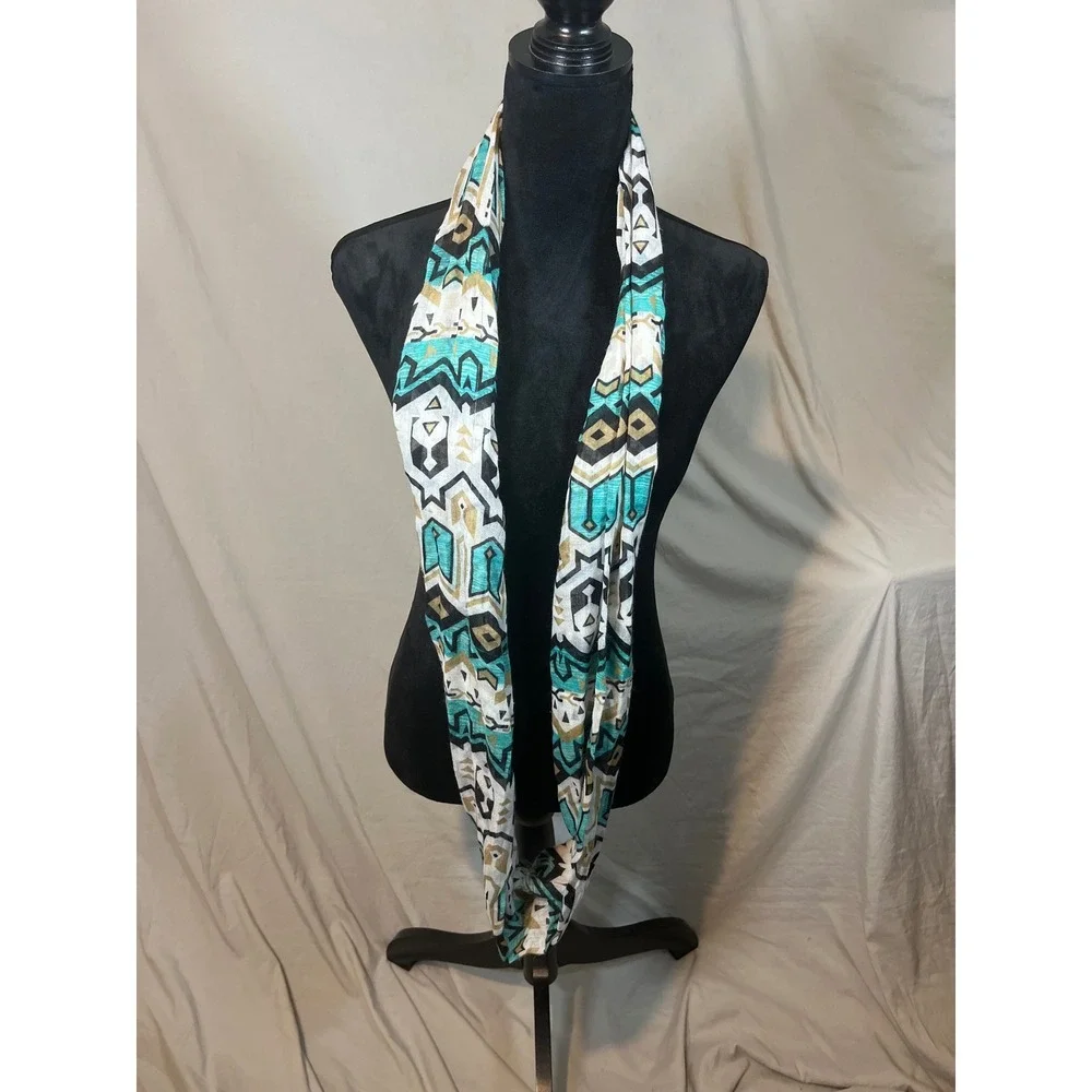 Womens Geometric‎ Tribal Print Infinity Scarf Teal Gold Black White Lightweight